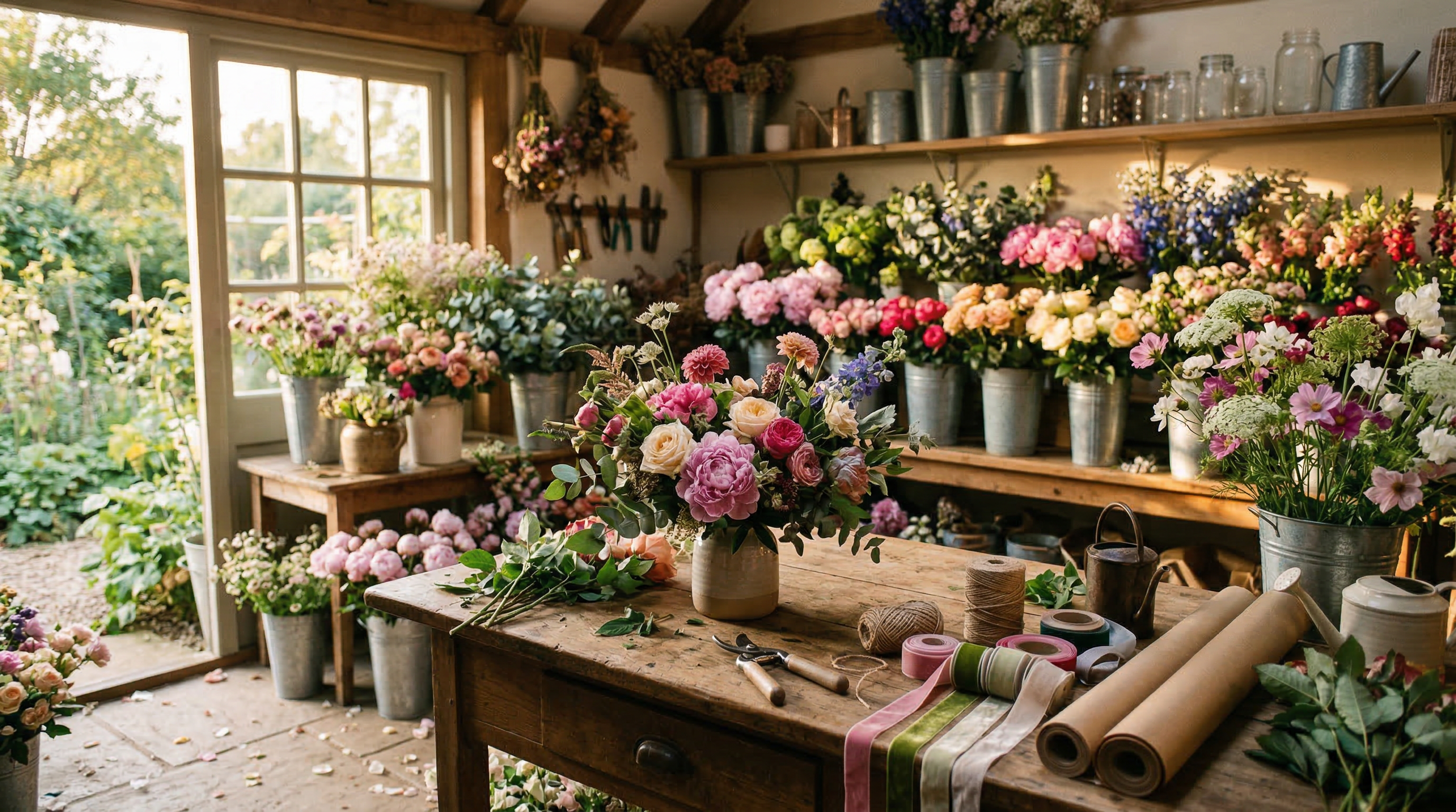 A florist workspace with beautiful arrangements and a tablet showing a chat interface