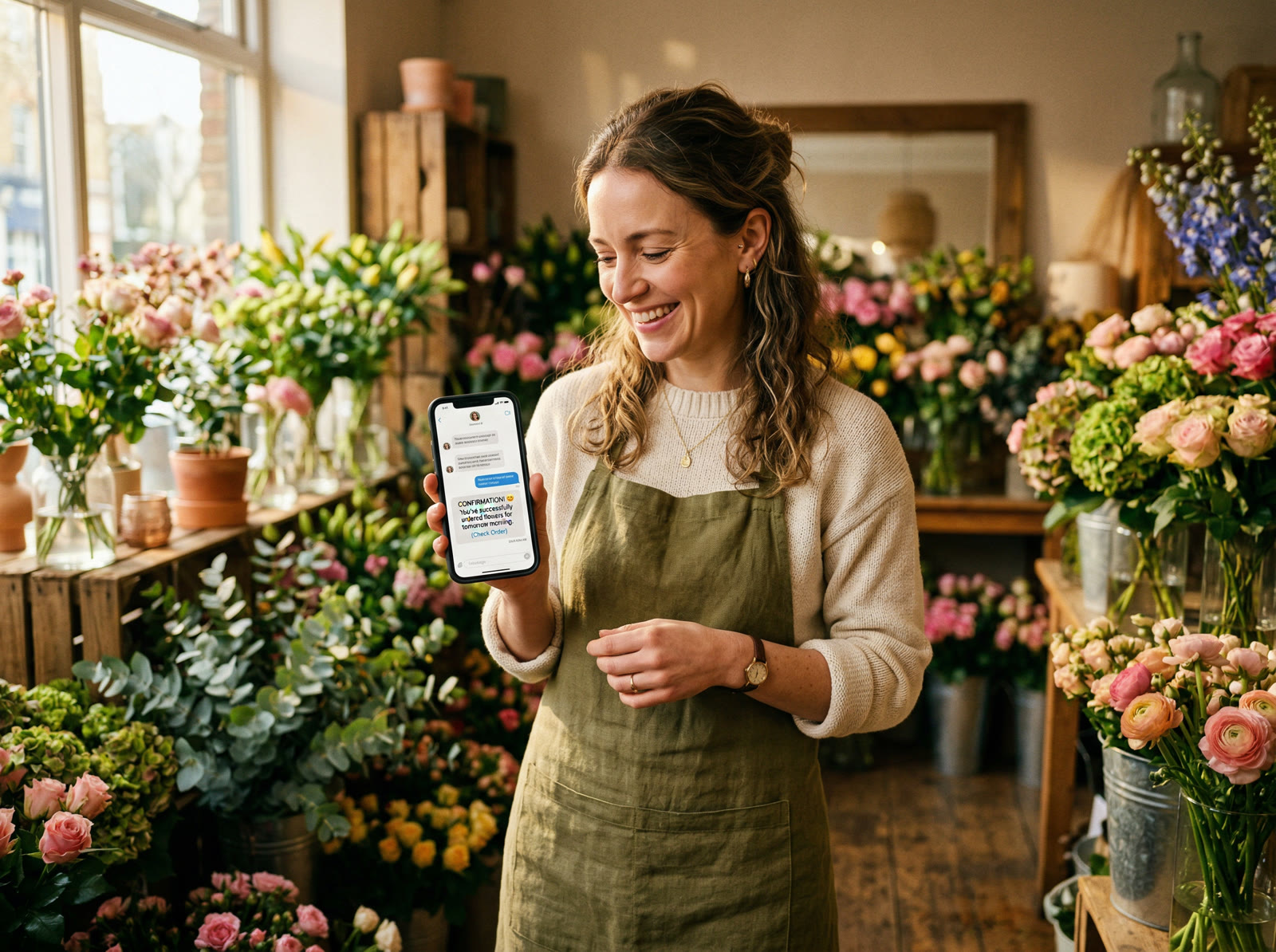 Florist smiling at phone showing order confirmation in her shop
