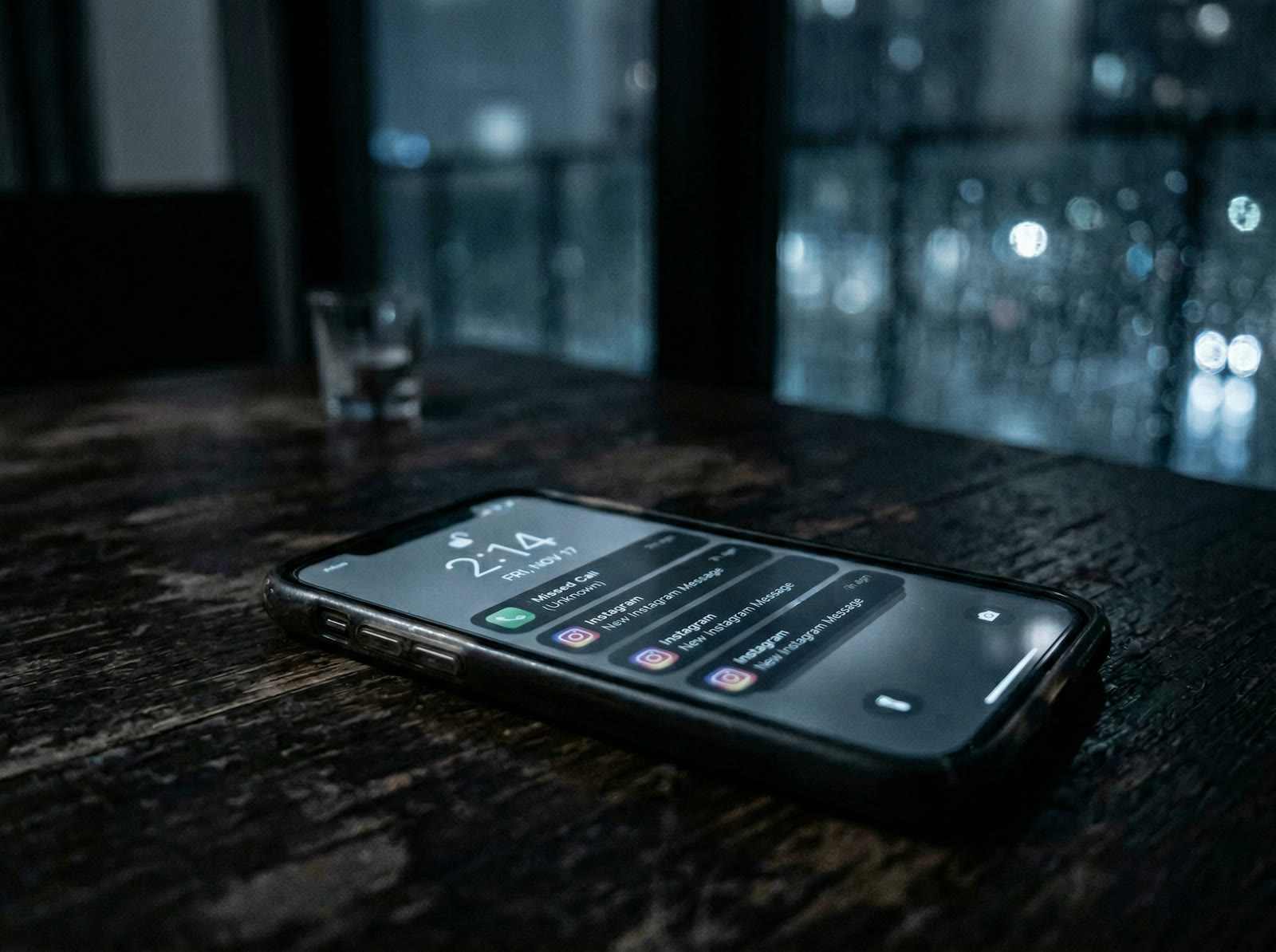 Phone with missed calls and unread DMs at night