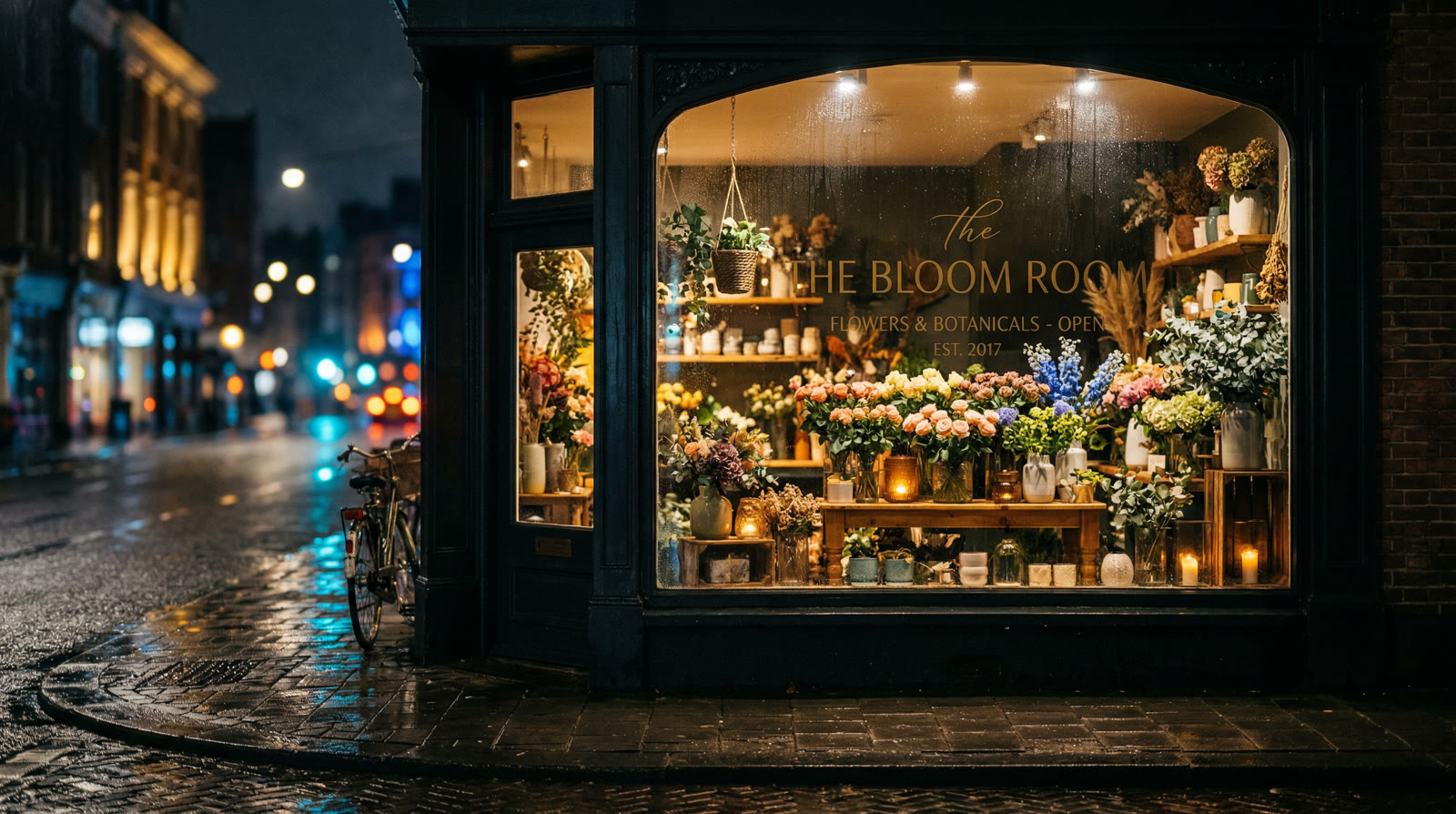 Florist shop glowing at night with rain on the street
