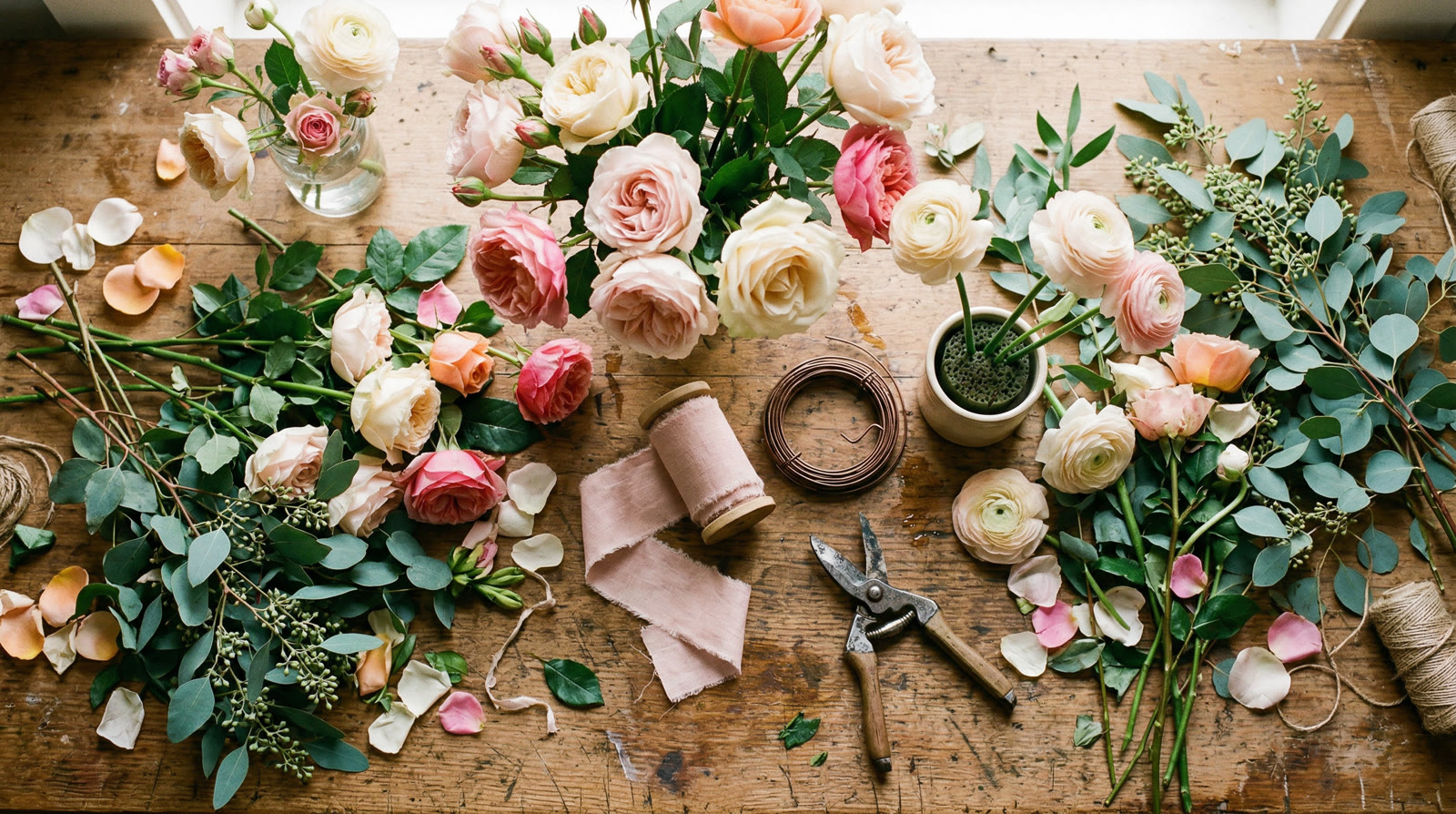 Florist workbench with roses and tools