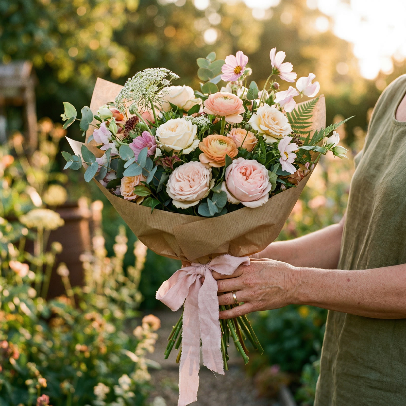 Hand-tied bouquet wrapped in kraft paper