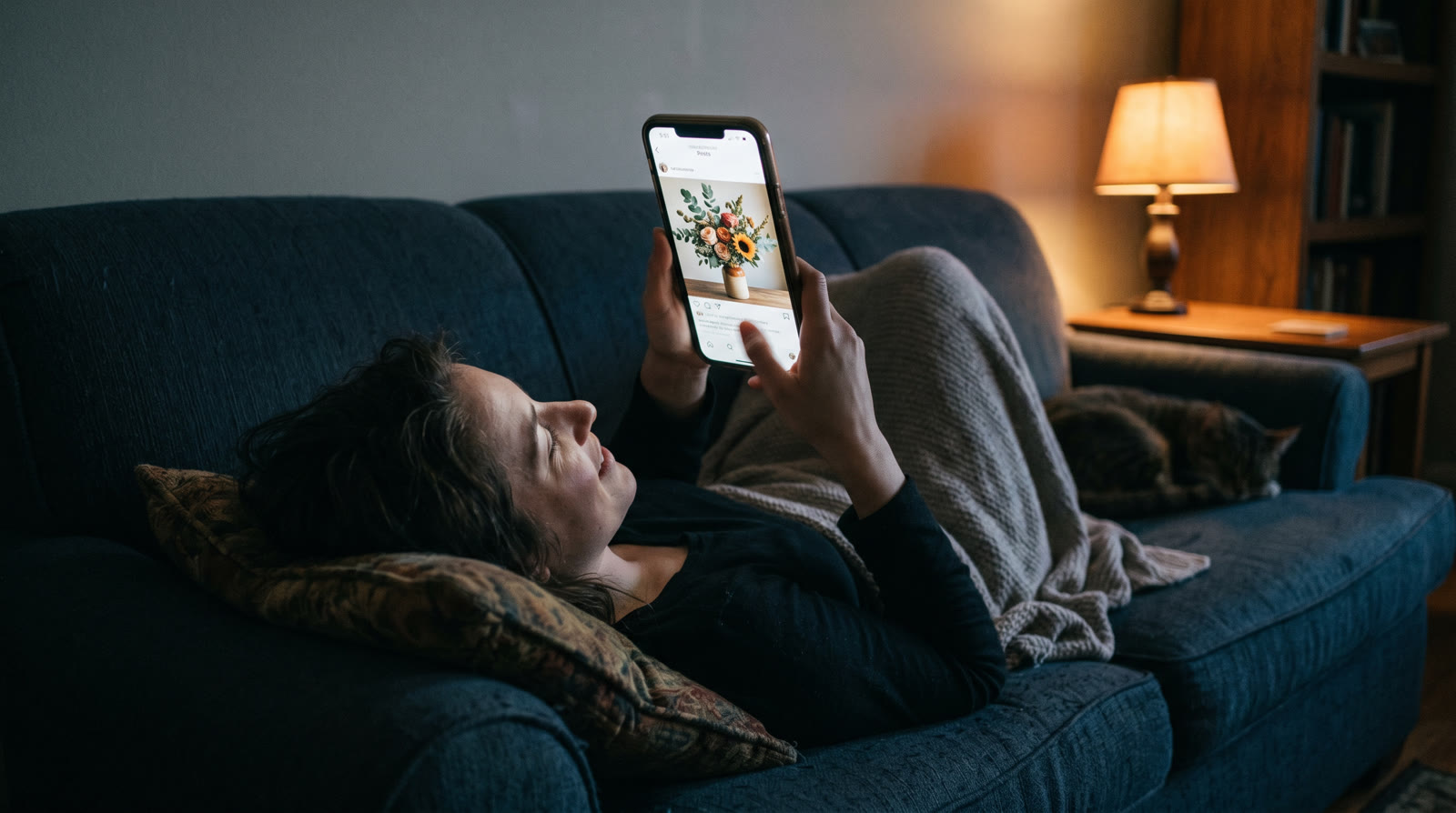 Woman on couch, dim lamp light, phone above face scrolling Instagram