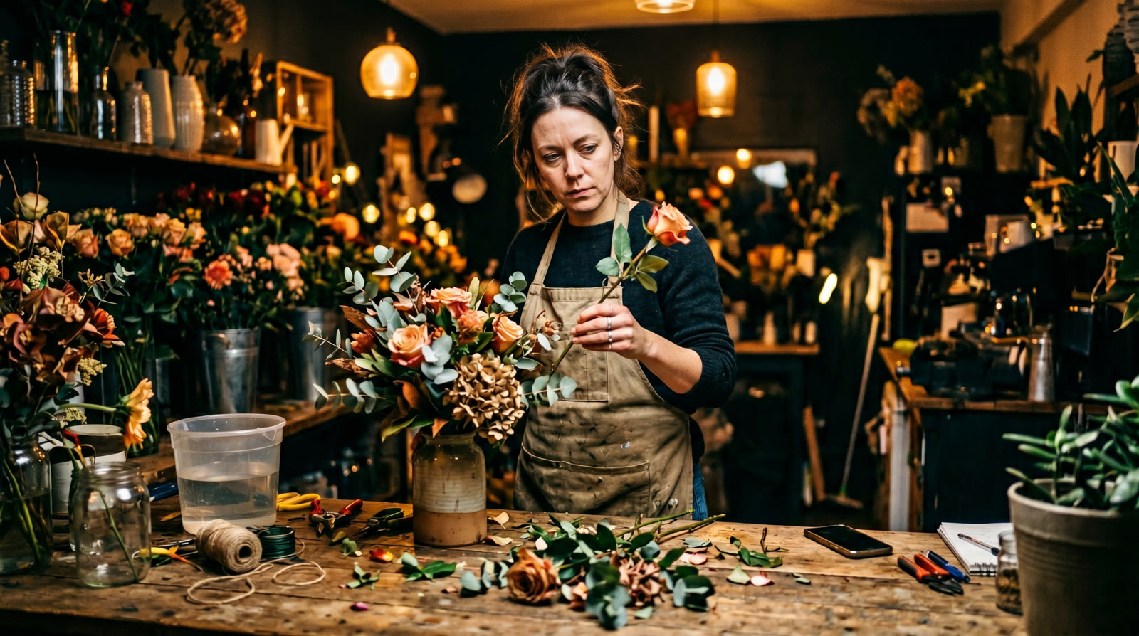 Florist at evening workbench, amber light, phone face-down